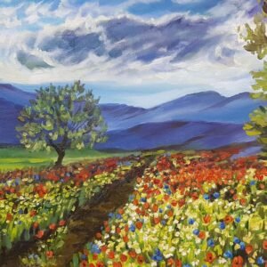 Картина с маслени бои - Планинско поле с цветя